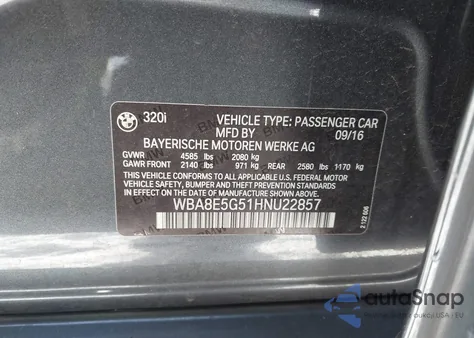 2017 BMW 320I xDrive from USA, damaged, VIN WBA8E5G51HNU22857